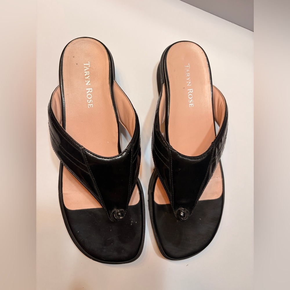 Taryn Rose Black Patent Leather Thong Mules